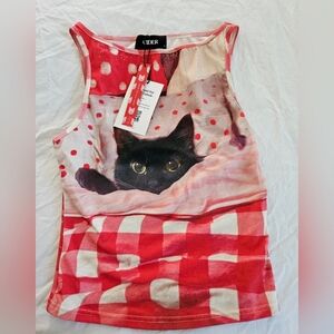 Cider Cotton Blend Cat Graphic Gingham Ruched Tank Top NWT Small